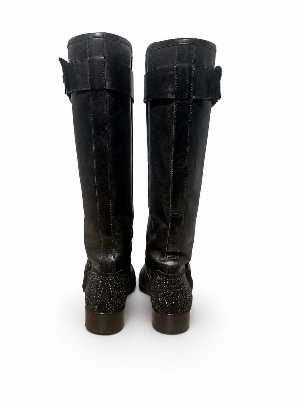 Brian Atwood black leather riding boots size 7.5 crystal heel buckle - Picture 5 of 6